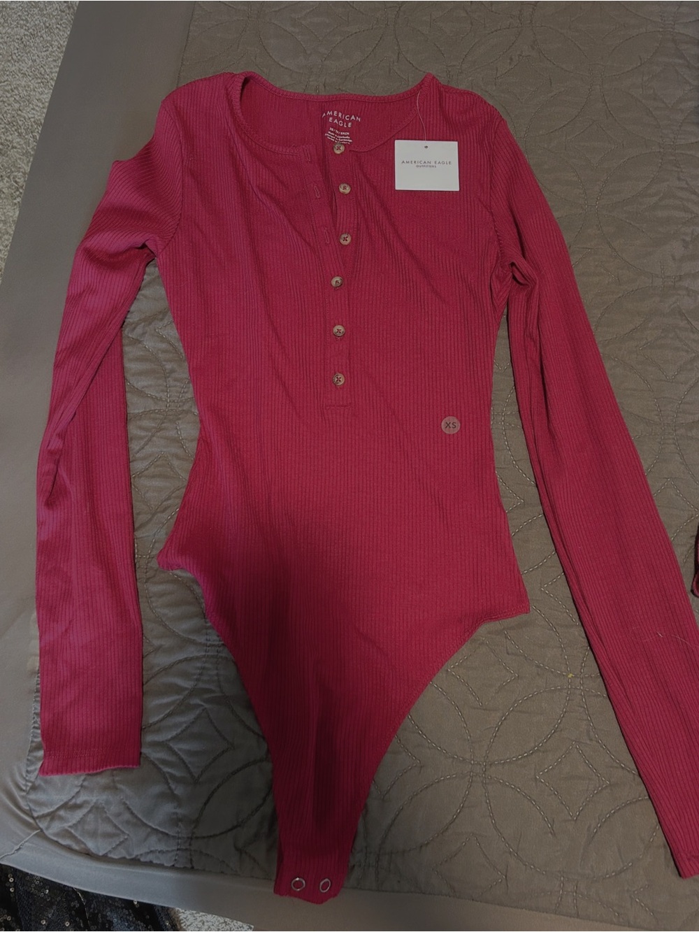 American Eagle Outfitters Raspberry Ribbed Henley Long-Sleeve Bodysuit
